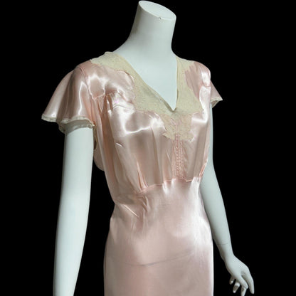 SHIRLEY RAY, vintage 1940s nightgown, Shiny baby pink bias cut rayon slip dress, full length