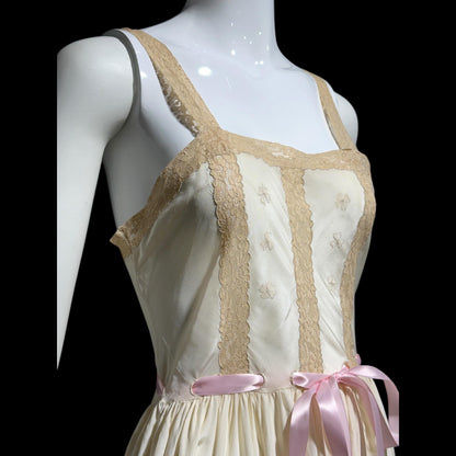 VERONICA vintage 1940s Silk Nightgown slip dress, Hand Made Pure Silk embroidered lace slip dress