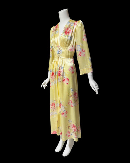 RADCLIFFE vintage 1940s satin dressing gown, yellow and pink floral satin button front housecoat