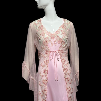 TERESA vintage Y2K nightgown robe set, Made in Italy, sheer pink lace sheath slip dress and peignoir set