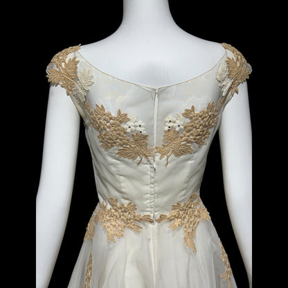 PEGGY HUNT, vintage 1950s dress, white and ecru lace rhinestones fit and flare cocktail party formal wedding dress, 34 bust