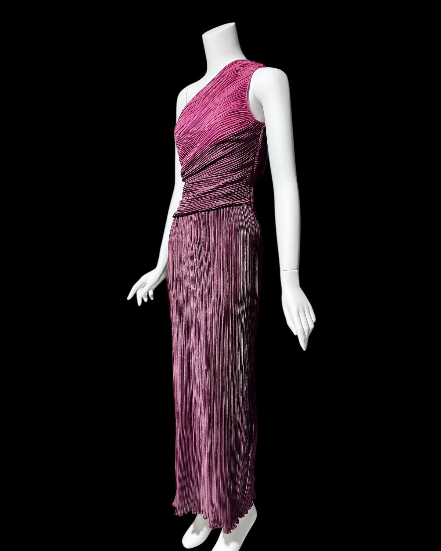 JERI vintage evening dress gown, 1970s one shoulder draped pleated formal gown, raspberry and plum grecian goddess gown