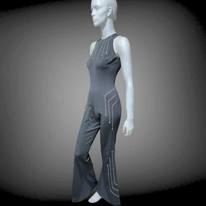 ESTIVO vintage 1970s bell bottom jumpsuit, black poly knit disco jumpsuit, embroidery & rhinestones
