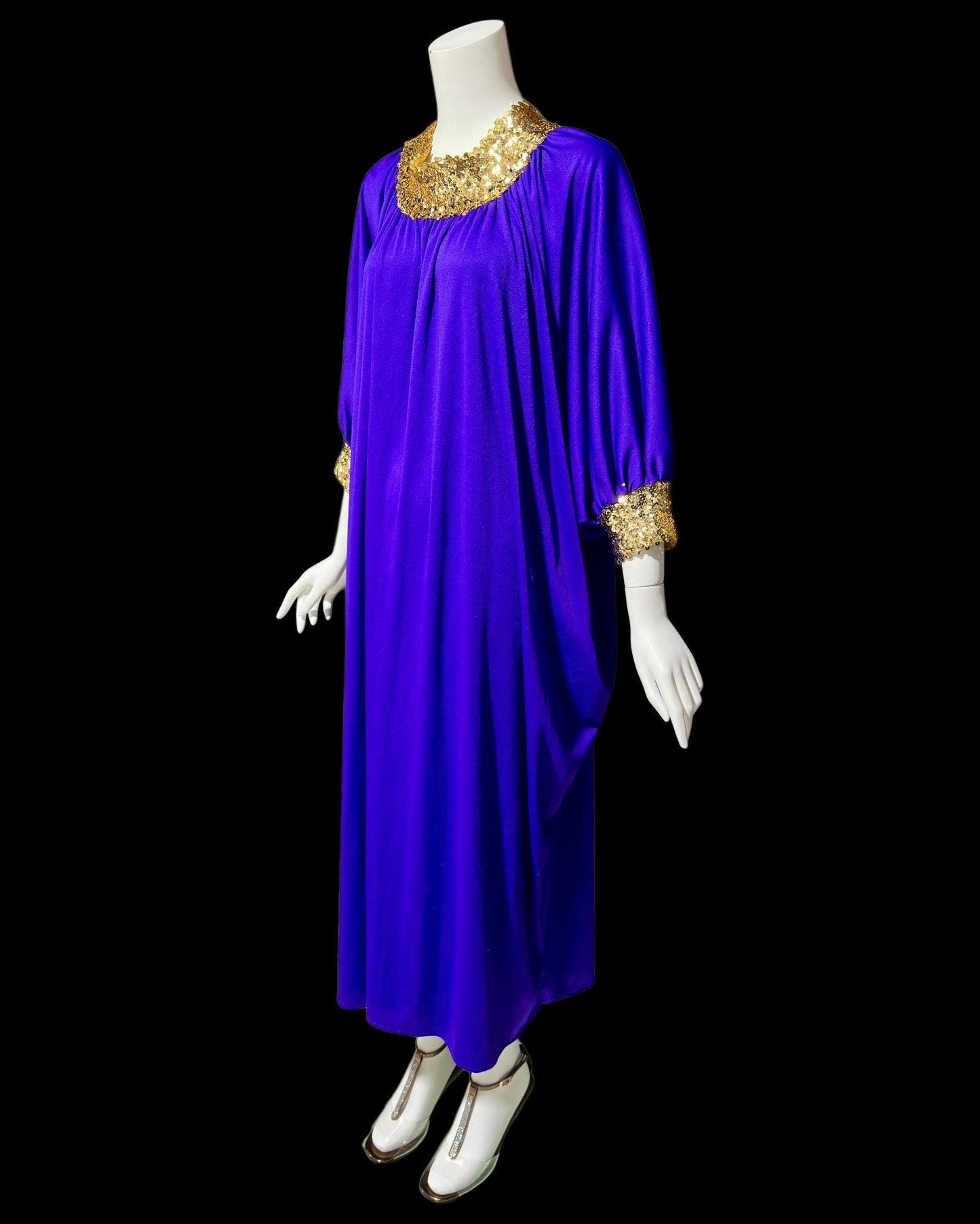 1970s vintage caftan dress, purple polyester batwing and sequin hostess evening dress