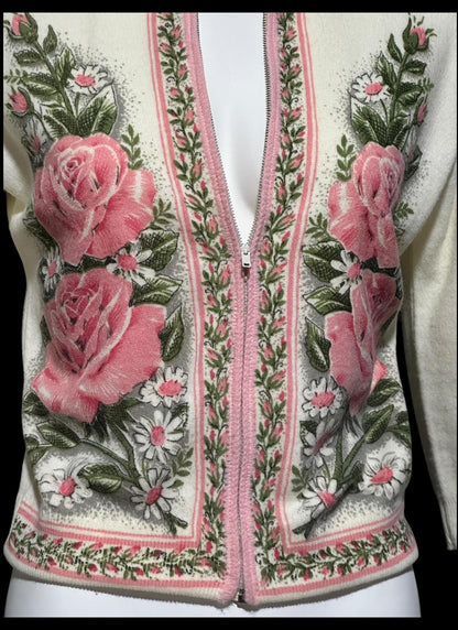 BERNICE CREATIONS, vintage 1950s cardigan, cream and pink rose print acrylic zip front sweater