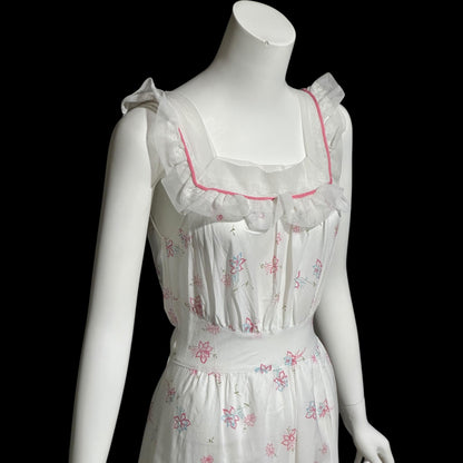 PHIL-MAID, vintage 1940s nightgown, pink blue white floral cone-bell combed cotton house dress, New Old stock