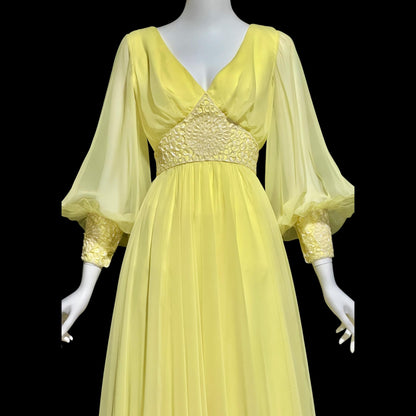 MIKE BENET, vintage 1970s evening dress, Lemon Yellow chiffon sequin formal ball gown