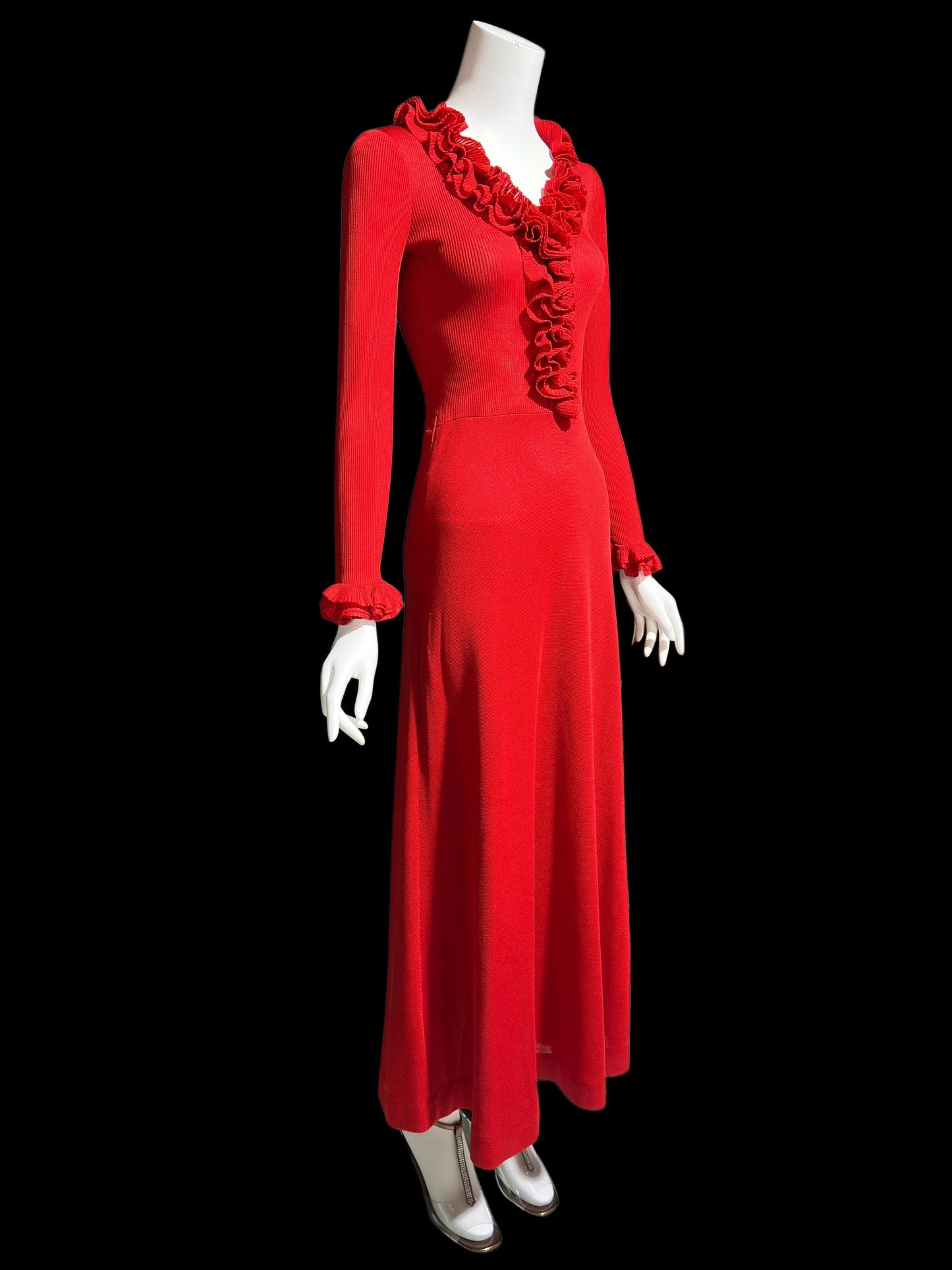 YOUNG DIMENSIONS for SAKS, vintage 1970s red knit maxi dress