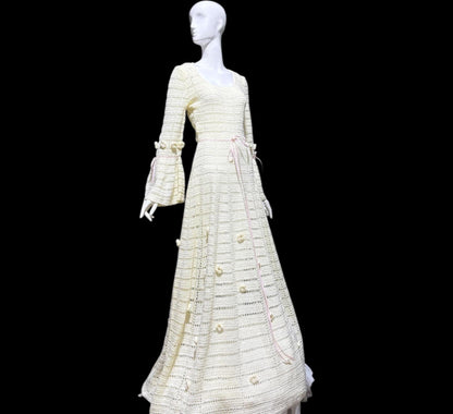 1970s Vintage evening wedding Dress: Hand crochet Mexican style Bohemian Gown - STRETCHY Large