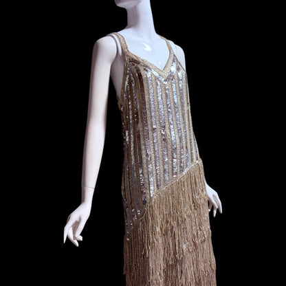 FRANK USHER vintage 1980s evening dress, Silver sequin and fringe cocktail flapper slip dress