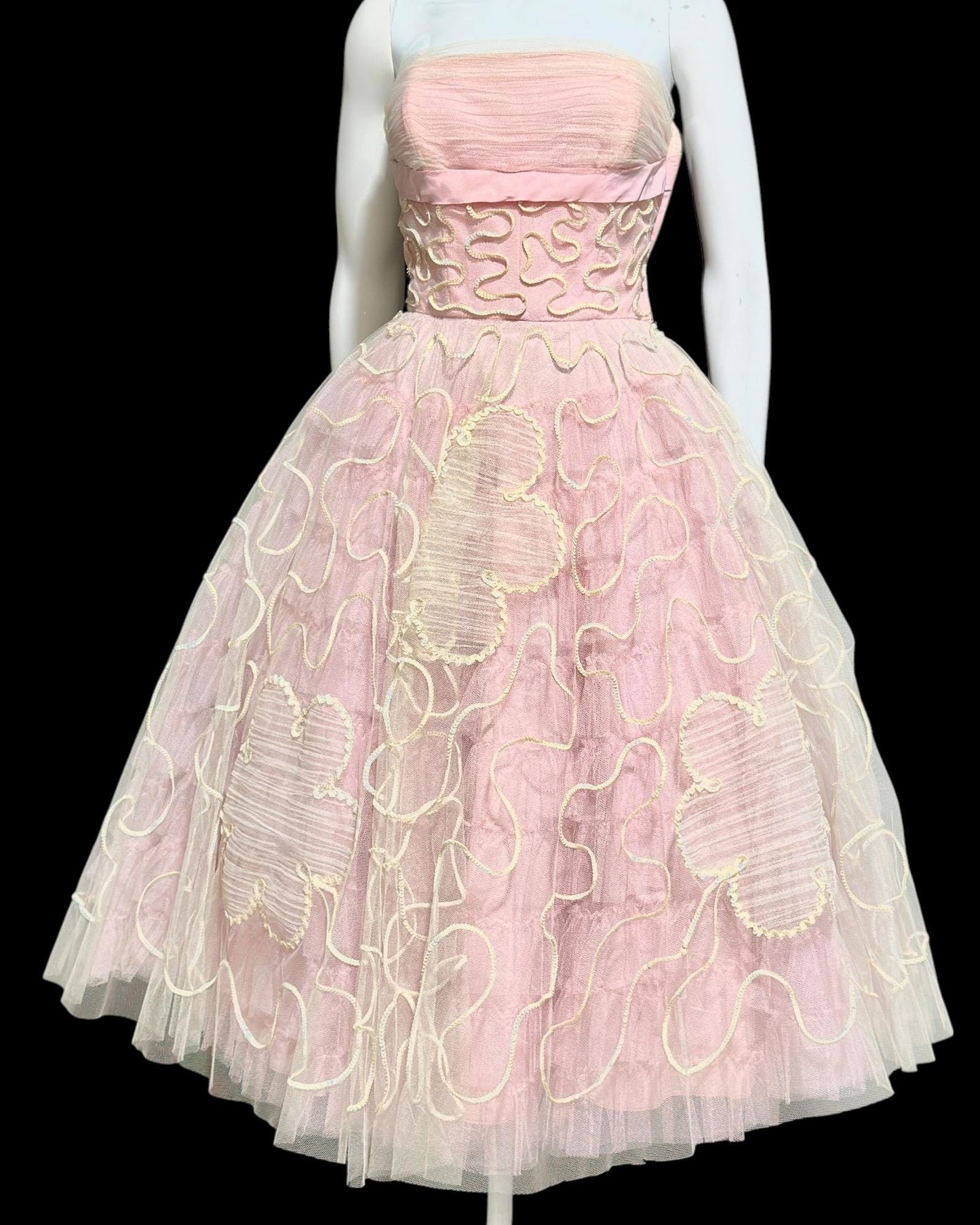 WILL STEINMAN, vintage 1950s Pink tulle and sequins prom dress, cupcake meringue tea length gown