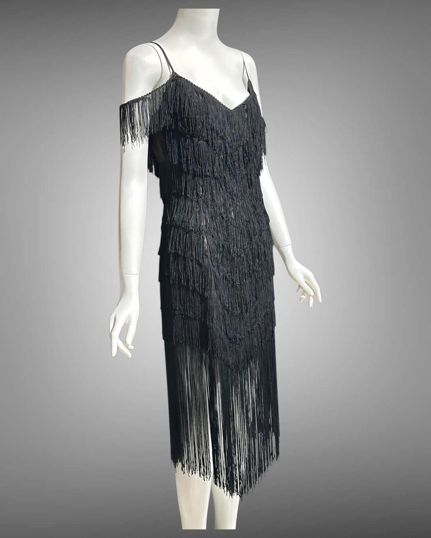 TD4 vintage 1980s Fringed evening cocktail dress, black mini party flapper slip dress