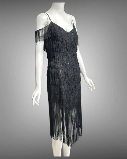 TD4 vintage 1980s Fringed cocktail dress, black mini party flapper slip dress