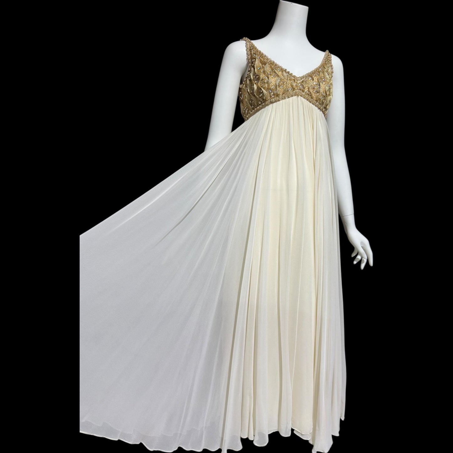 TOWN & COUNTRY vintage 1960s evening dress, white chiffon gold beads sequins wedding bridal gown