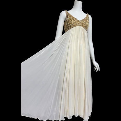 TOWN & COUNTRY vintage 1960s evening dress, white chiffon gold beads sequins wedding bridal gown