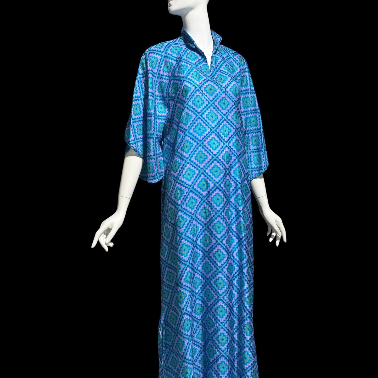 RAKSHA vintage 1970s Silk Caftan dress, Blue and green silk Hippie Boho Maxi Dress