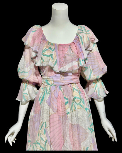 FRANK USHER LONDON, vintage 1970s evening dress, Pastel floral chiffon, Off shoulder gown