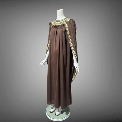 1970s vintage caftan dress, brown and gold metallic kaftan with attached cape