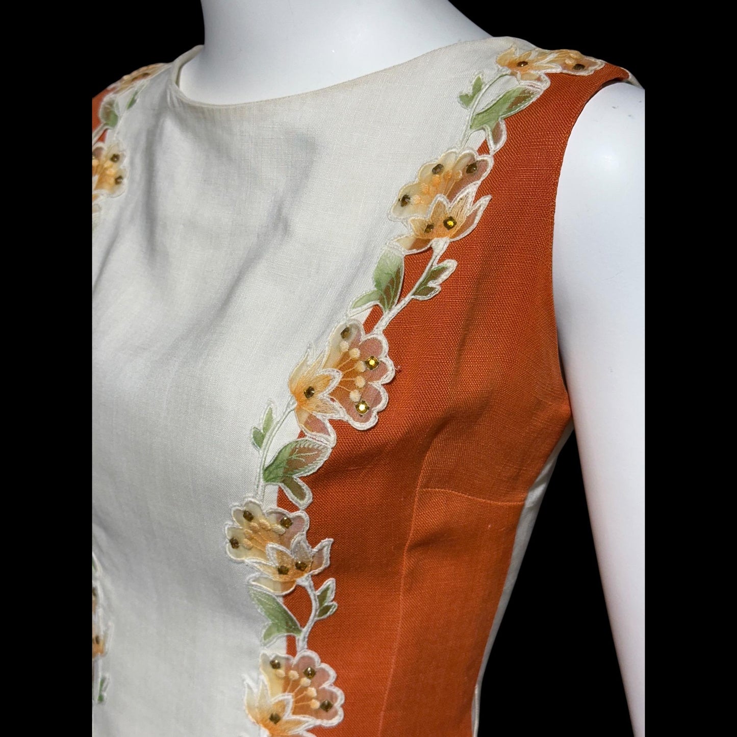 CHARLES WARNER, vintage 1960s Linen day dress, organza floral trim, Cocktail luncheon dress