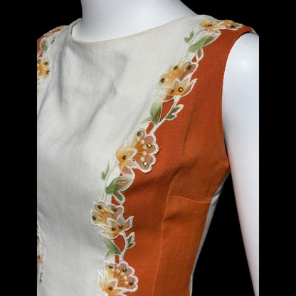 CHARLES WARNER, vintage 1960s Linen day dress, organza floral trim, Cocktail luncheon dress