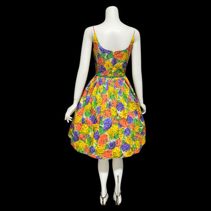 1950s vintage Dress, Floral Cotton Pinup Sundress, Pleated full skirt with sequins