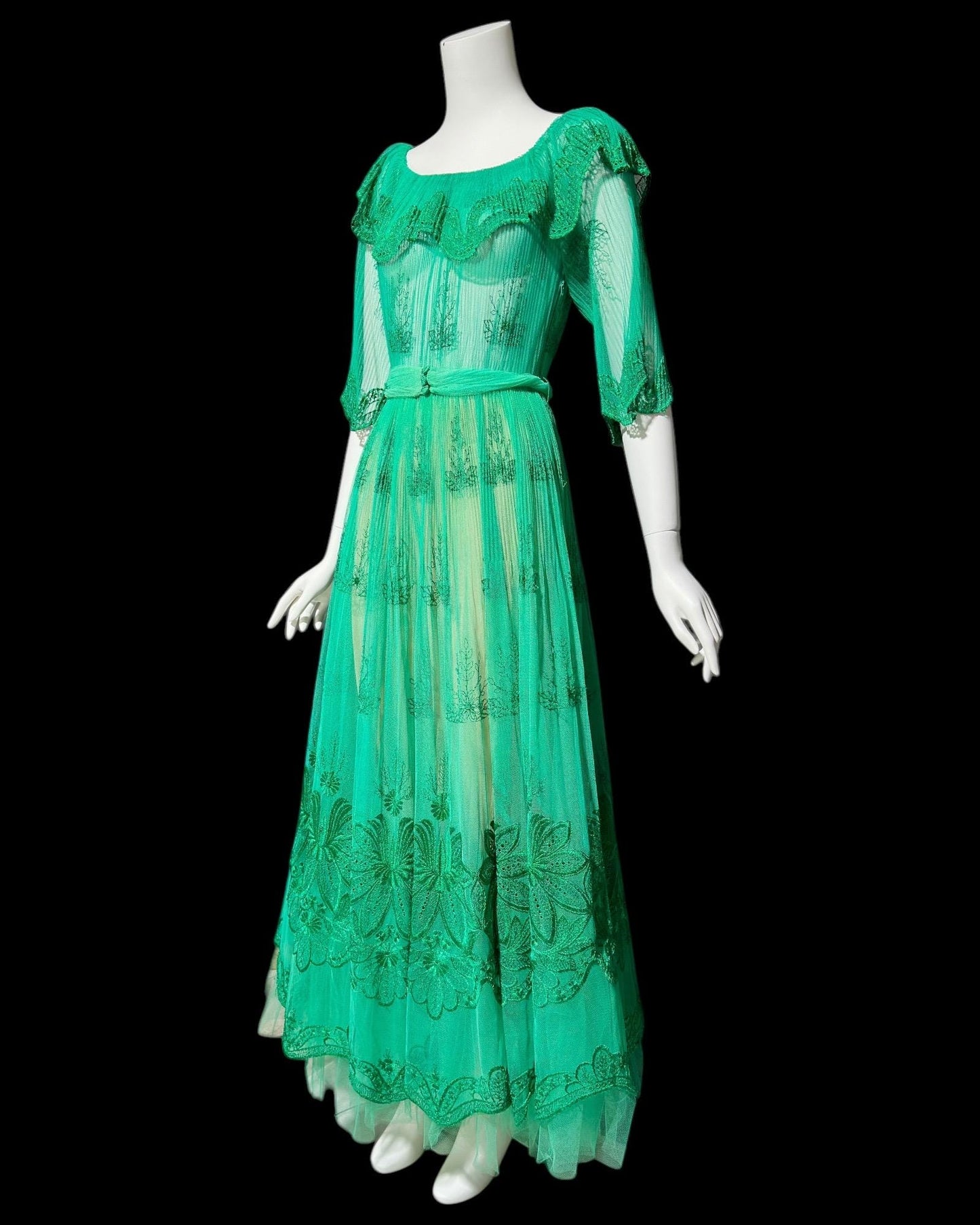 FRANK USHER vintage 1970s green embroidered net gown, ruffle neckline, full sweep party dress