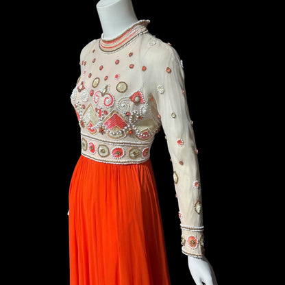 DARNELL OF LONDON, vintage 1960s evening dress, Orange beaded chiffon gown