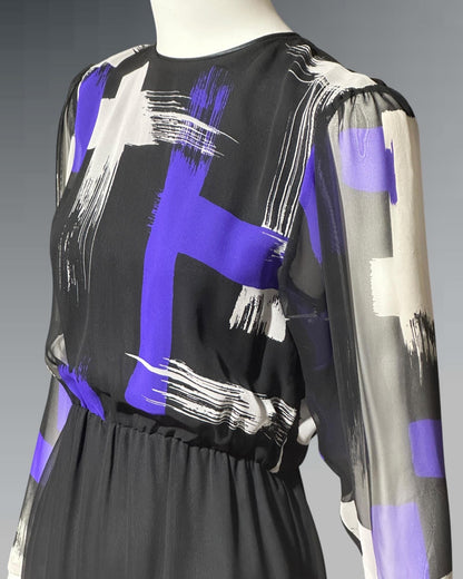HANAE MORI for MARTHA Palm Beach, vintage 1970s chiffon evening gown, black and purple sheer blouson