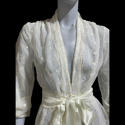 KICKERNICK Lingerie, vintage 1940s Sheer Dressing Gown: White eyelet Robe, Wrap front