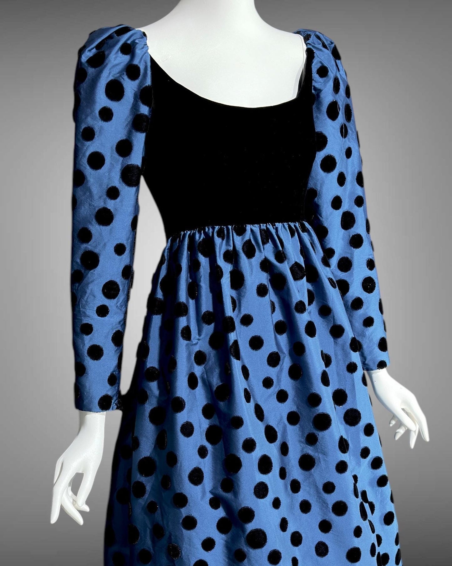 ADELE SIMPSON vintage 1960s evening dress, steel blue taffeta with black velvet flocked polka dots