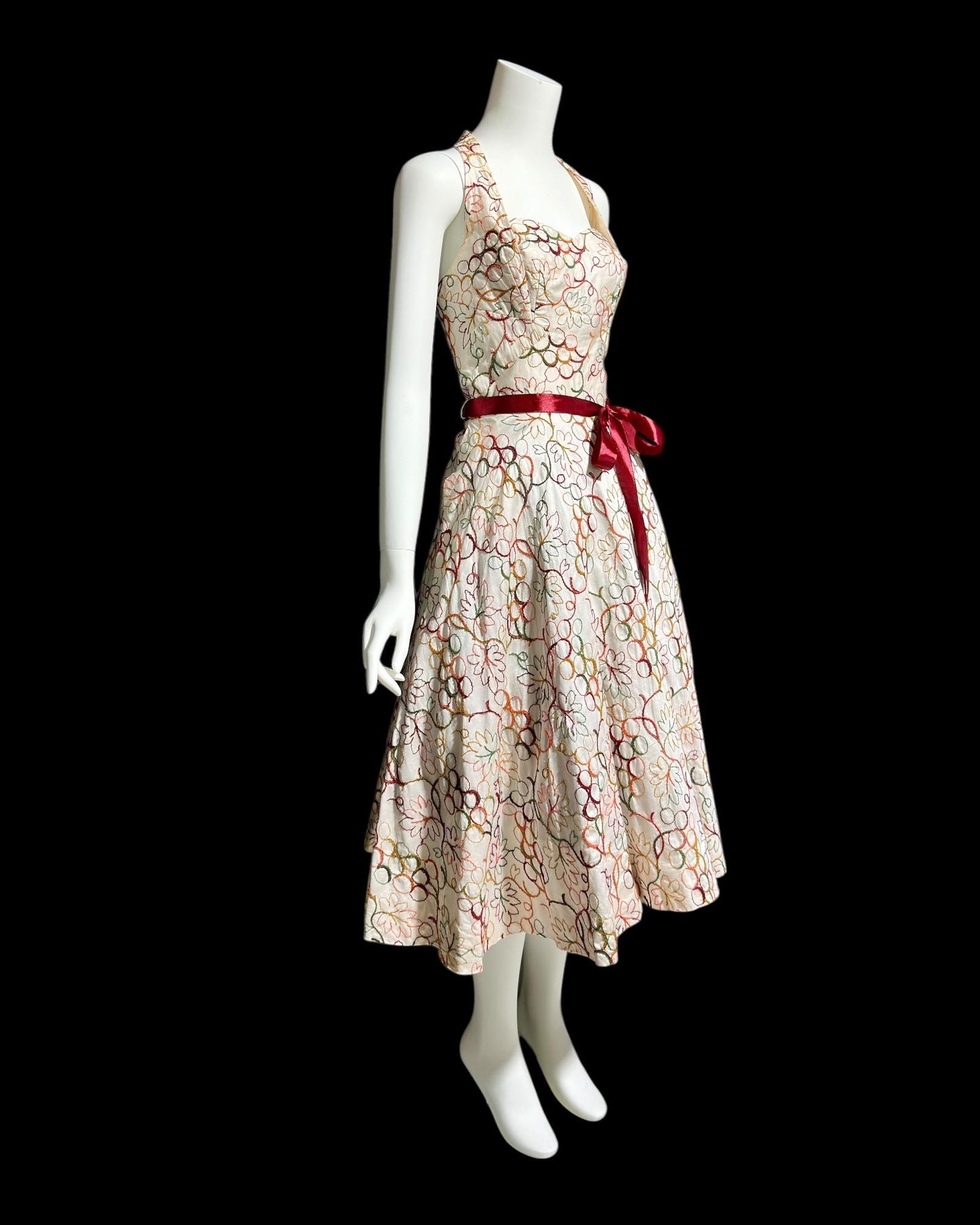 ALIX OF MIAMI, vintage 1950s Halter Sundress, cotton pinup dress with embroidery