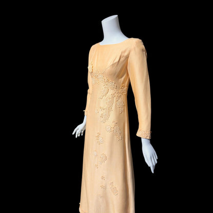 1960s Vintage evening bridesmaid dress, PEACH raw silk Mod gown, Long sleeves empire waist with flower appliques'