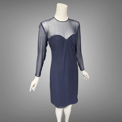 JEAN-LOUIS SCHERRER, vintage 1980s evening cocktail dress, navy blue sheer silk dress