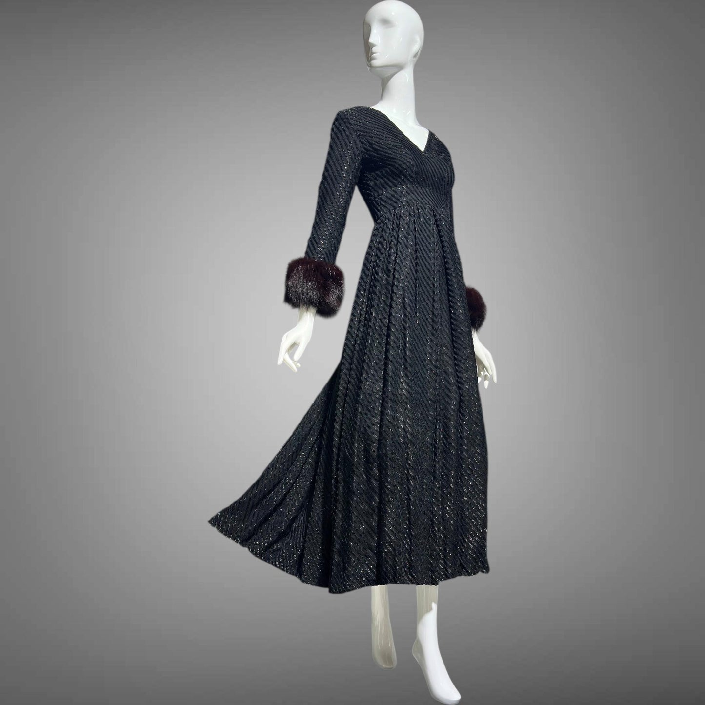 LILLIE RUBIN Vintage 1970s evening gown, Black eye lash Sparkly Gown with Fur Cuffs