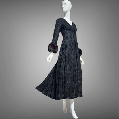 LILLIE RUBIN Vintage 1970s evening gown, Black eye lash Sparkly Gown with Fur Cuffs