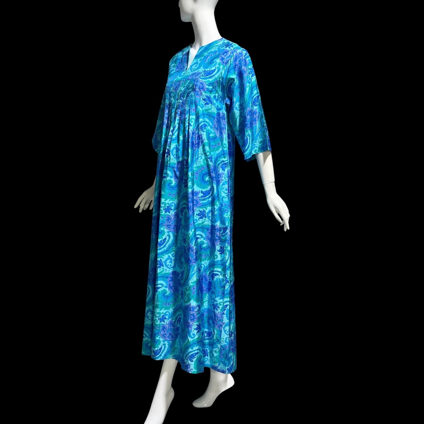 1970s vintage Thai Silk Caftan dress, JIM THOMPSON? blue and purple silk paisley Hippie Boho Dress
