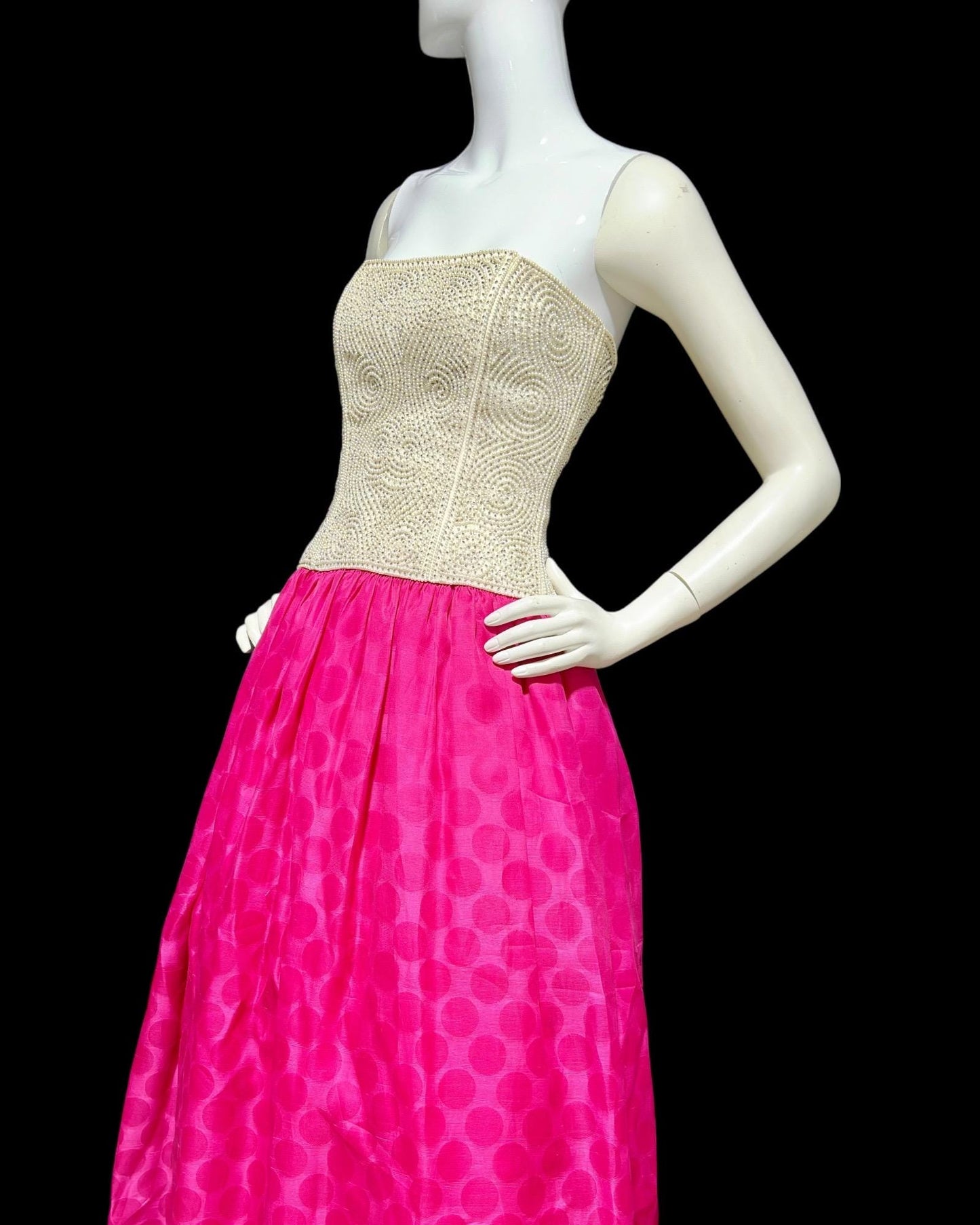 RICHILENE vintage 1980s Lord & Taylor strapless evening dress, white beaded hot pink polka dot skirt ball gown