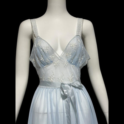 ROGER'S RUN-PROOF 1950s vintage Nightgown: powder blue sheer Nylon Slip Dress with white embroidery