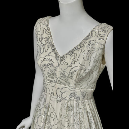 1960s vintage evening dress gown, white chiffon with sparkly silver rose sequins wedding bridal gown