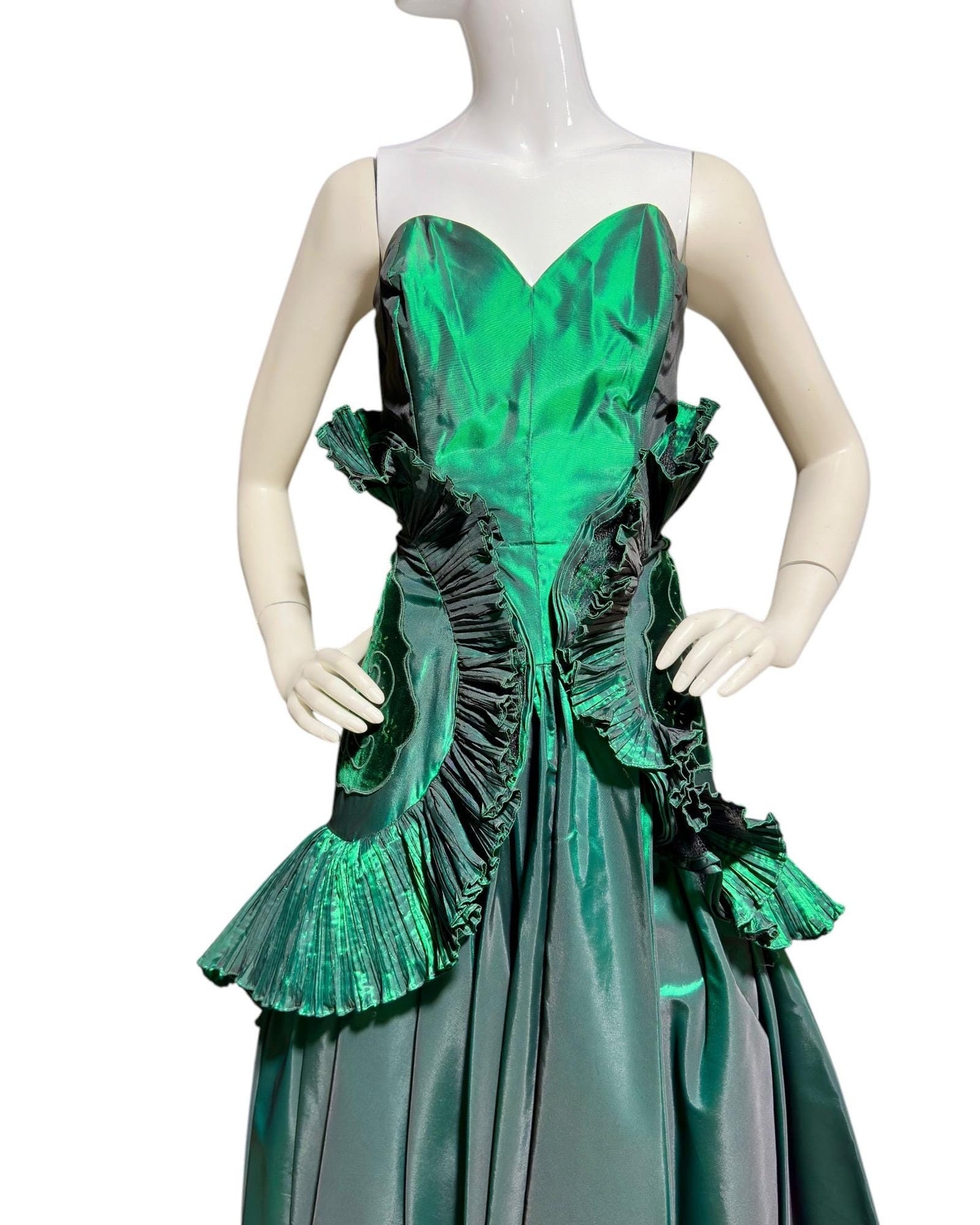 BLUME, vintage 1980s prom dress, Forest Green satin and ruffles, strapless cocktail party dress