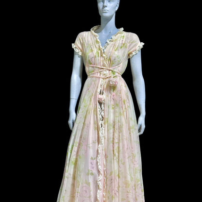 LUCIE ANN Claire Sandra, vintage 1960s Pink floral full sweep peignoir nightgown, grecian wrap pom pom dress, waterfall back robe
