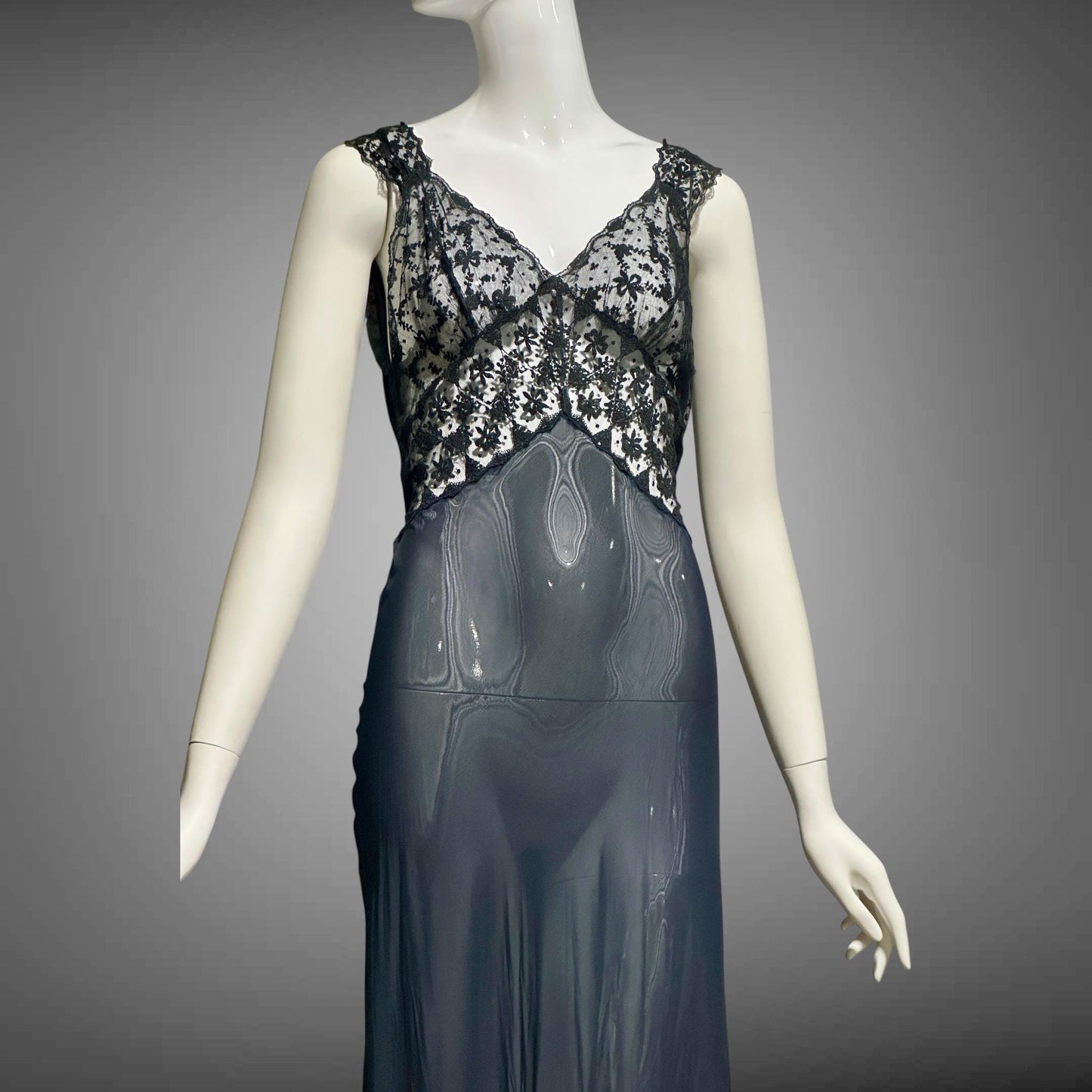 LADY DUFF, vintage 1930s Nightgown slip dress, sheer sultry black night dress, bias cut with lace