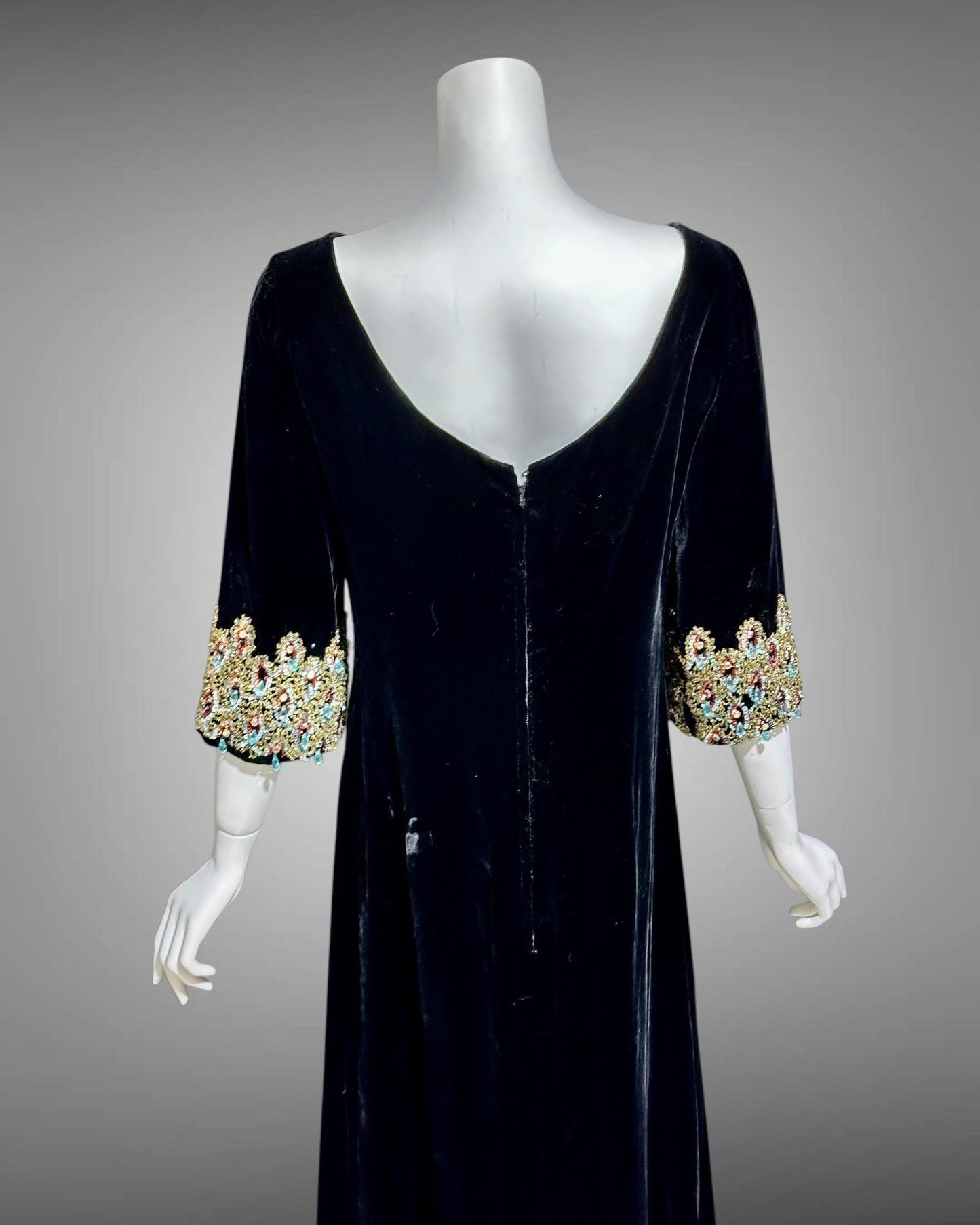 CAMEO vintage evening dress, for Bonwit Teller, 1960s black velvet beaded gown