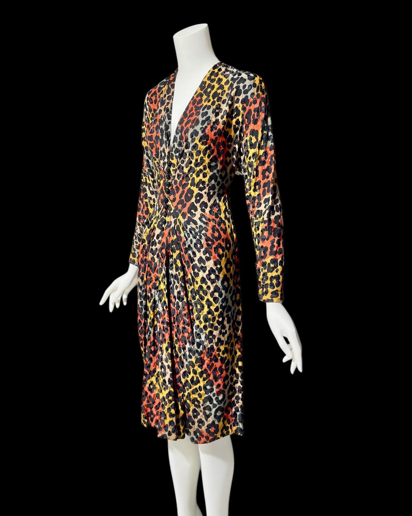 ADOLFO vintage 1980s silk dress, SAKS Fifth Ave, Animal print Office evening party dress, deep V long sleeve