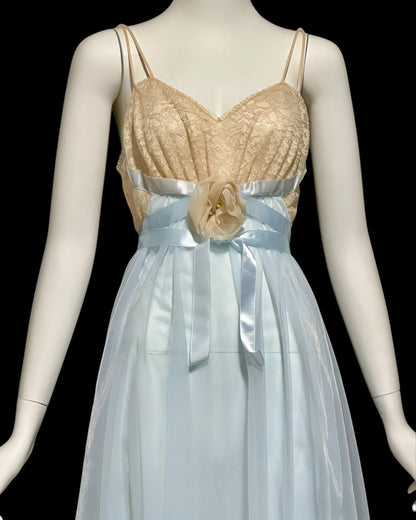VANITY FAIR vintage 1950s nightgown, Powder Blue Nylon Lace House Dress Grecian Goddess