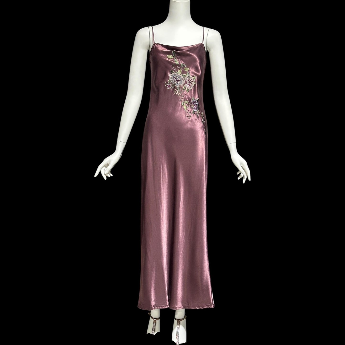 BONNIE STRAUSS vintage 1990s evening slip dress, shiny satin bias cut sheath embroidered 1940s style gown