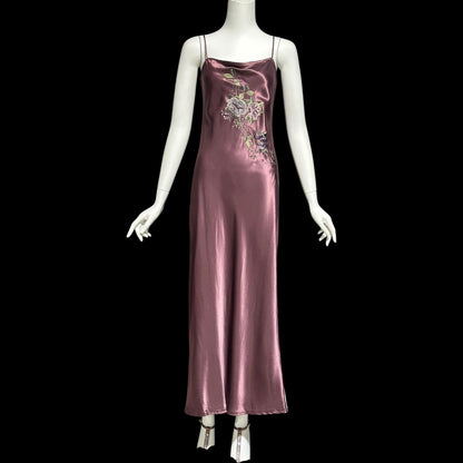 BONNIE STRAUSS vintage 1990s evening slip dress, shiny satin bias cut sheath embroidered 1940s style gown