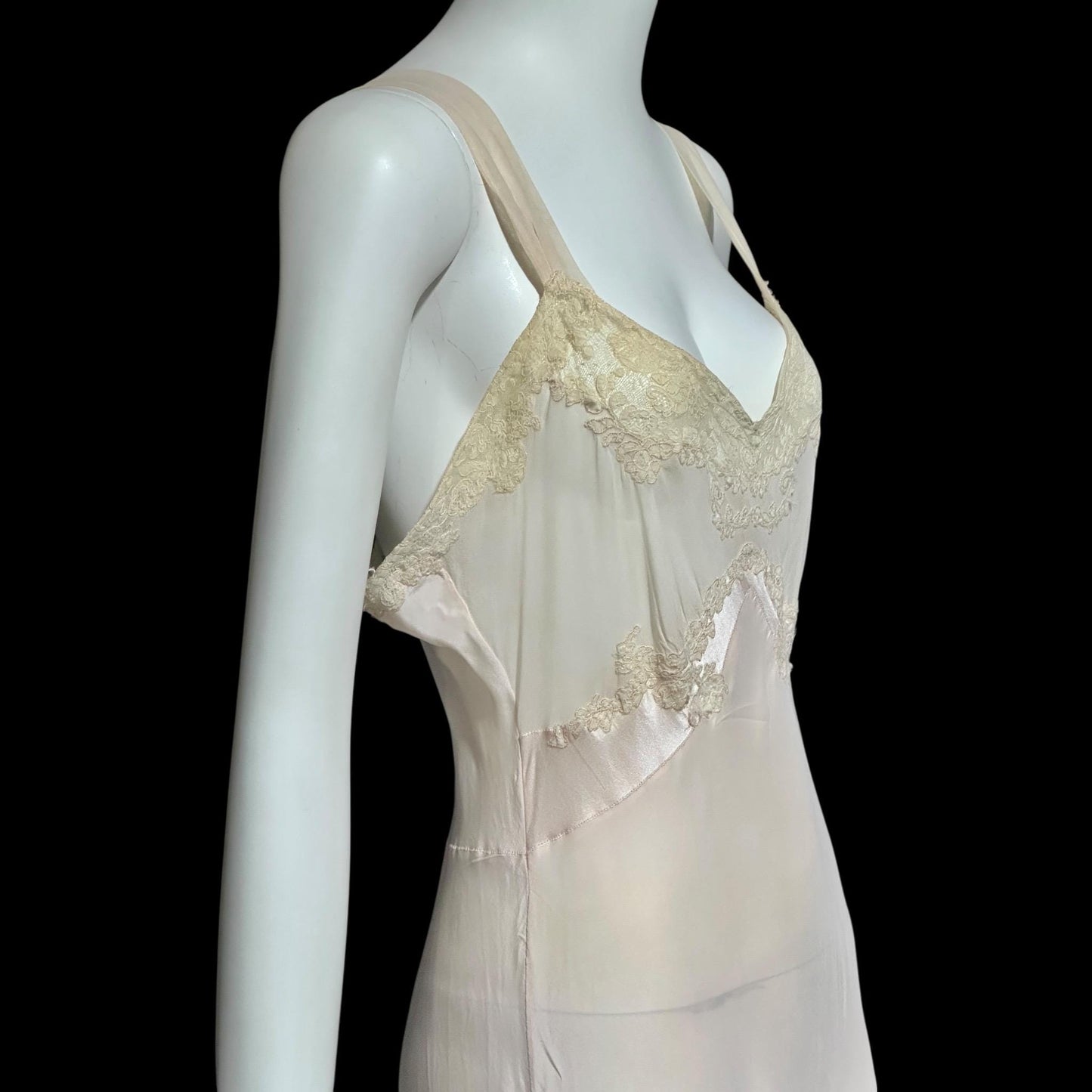 1930s Rayon & Silk Slip Dress: Vintage Bias Cut Pale Pink Nightgown, Lace Trim