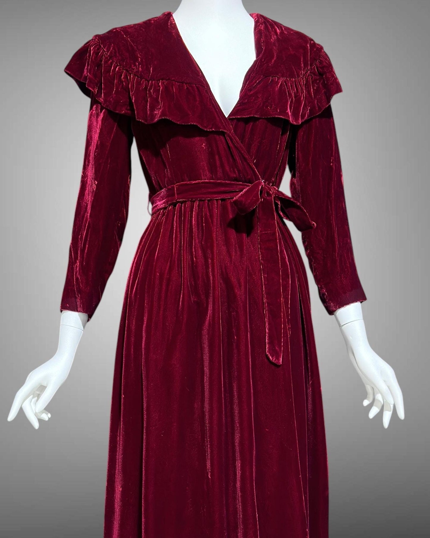 MOLLIE PARNIS Vintage Dressing Gown Housecoat, 1960s deep red velvet wrap front Robe