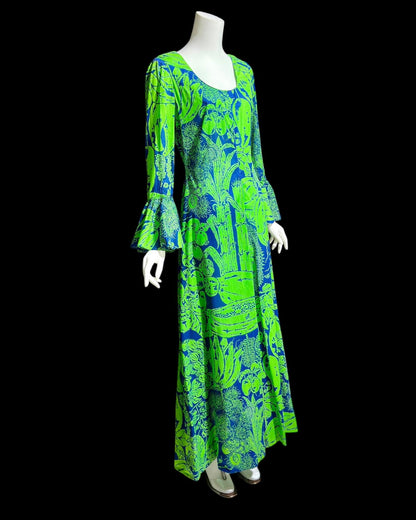 DESIGN THAI BANGKOK, vintage 1960s maxi party dress, Kelly Green and blue floral cotton dress